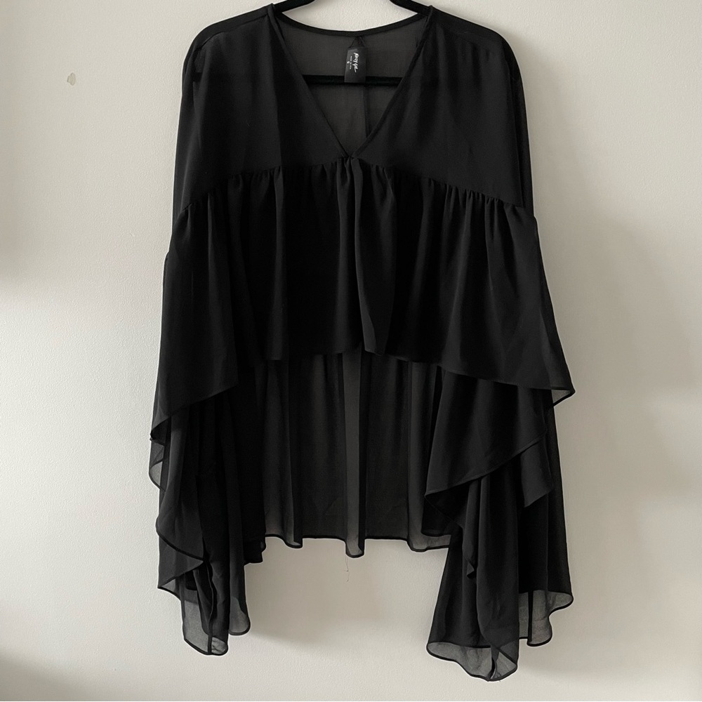 Nasty Gal sheer black hi low ruffle poncho size small arm holes v neck loose fit